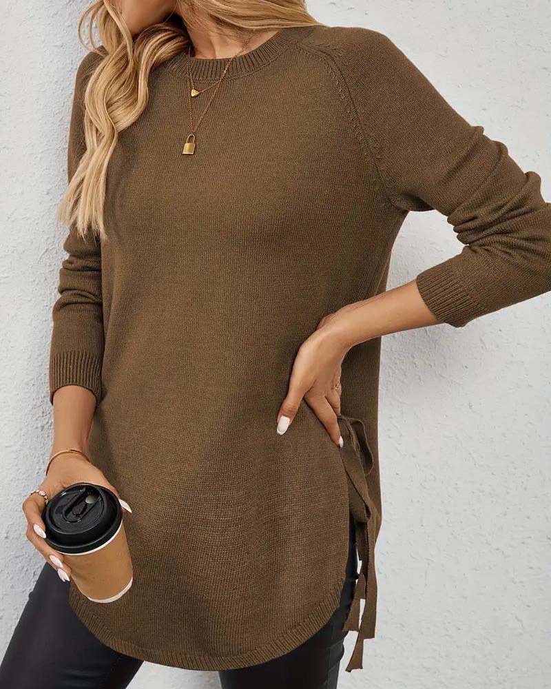 Sienna & Harper™ – Cozy Knit Round Neck Sweater with Side Slit
