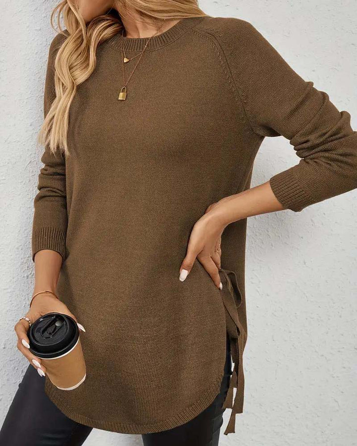 Sienna & Harper™ – Cozy Knit Round Neck Sweater with Side Slit