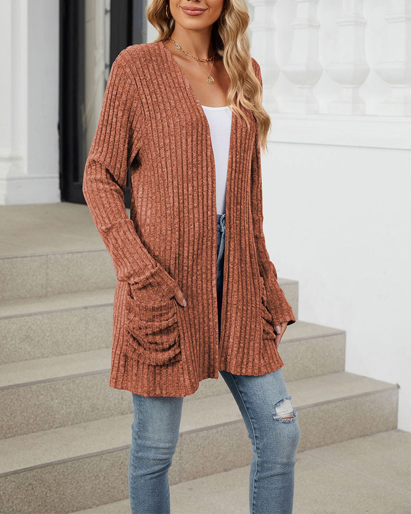 Sienna & Harper™ – Cozy Knit Long Sleeve Cardigan with Contrast Color Pockets