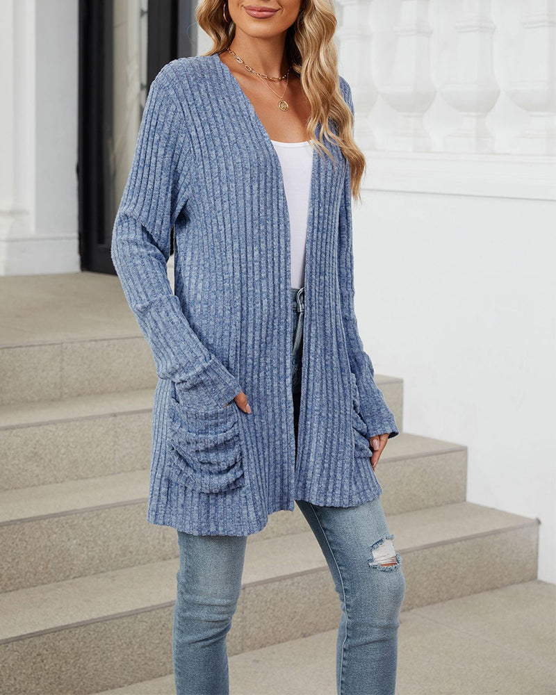 Sienna & Harper™ – Cozy Knit Long Sleeve Cardigan with Contrast Color Pockets
