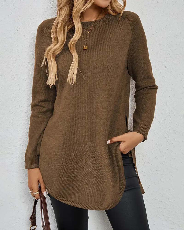 Sienna & Harper™ – Cozy Knit Round Neck Sweater with Side Slit