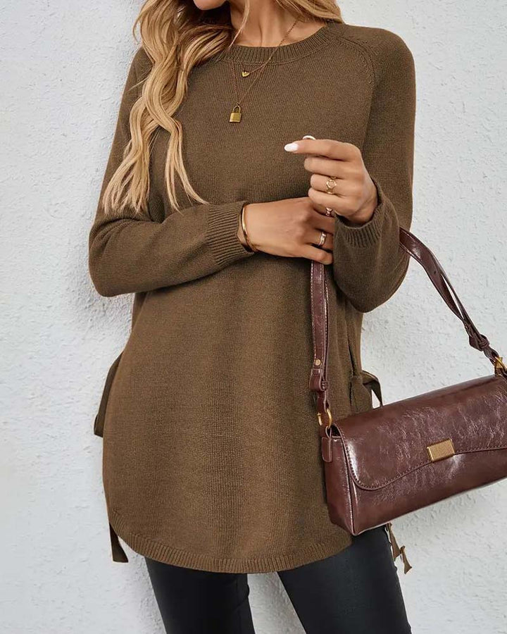 Sienna & Harper™ – Cozy Knit Round Neck Sweater with Side Slit