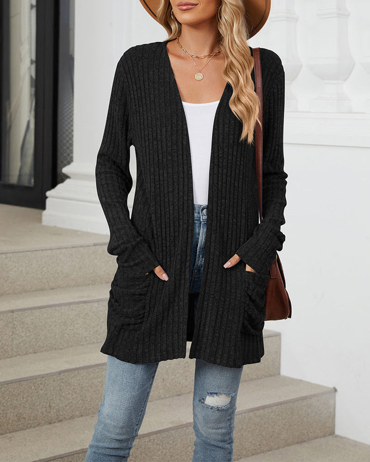 Sienna & Harper™ – Cozy Knit Long Sleeve Cardigan with Contrast Color Pockets
