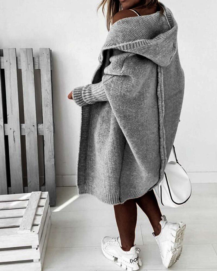 Sienna & Harper™ – Cozy Solid Color Hooded Cardigan with Whimsical Bat Pattern