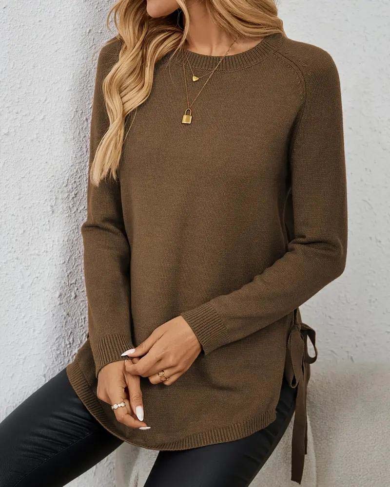 Sienna & Harper™ – Cozy Knit Round Neck Sweater with Side Slit
