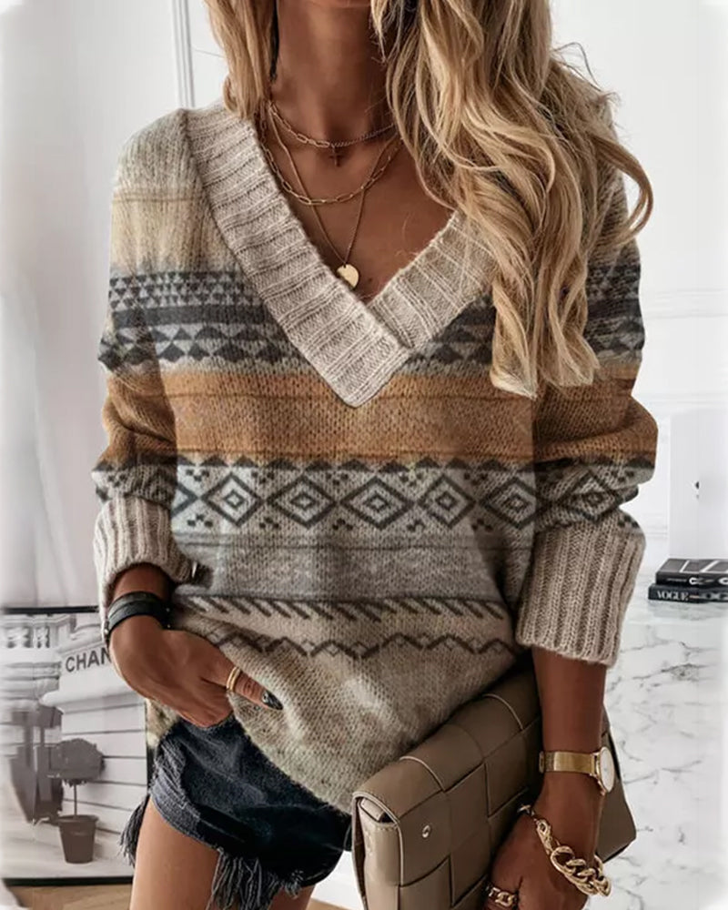 Sienna & Harper™ – Cozy Knit Long Sleeve Geometric Print Sweater