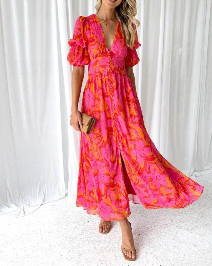 Sienna & Harper™ | Elegant V-Neck Puff Sleeve Maxi Dress