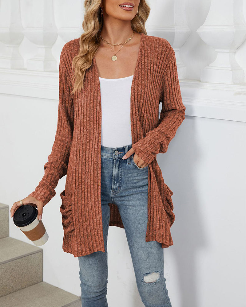 Sienna & Harper™ – Cozy Knit Long Sleeve Cardigan with Contrast Color Pockets