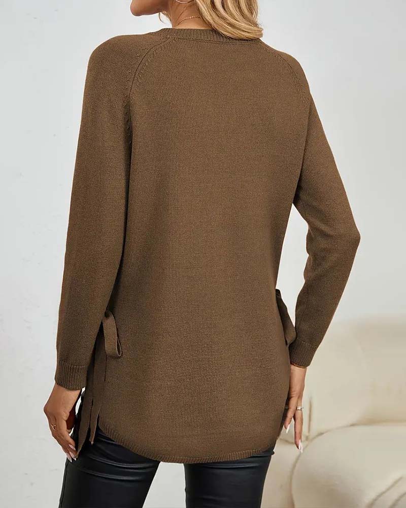 Sienna & Harper™ – Cozy Knit Round Neck Sweater with Side Slit