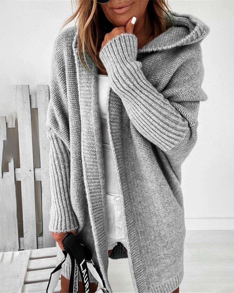 Sienna & Harper™ – Cozy Solid Color Hooded Cardigan with Whimsical Bat Pattern