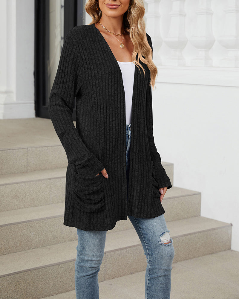 Sienna & Harper™ – Cozy Knit Long Sleeve Cardigan with Contrast Color Pockets